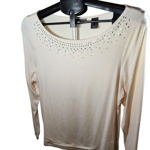 Liz Claiborne Cream Pull Over Top with Silver Stone Accents Around The Neckline.